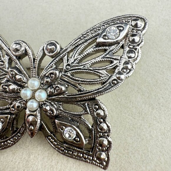 Avon Silver-Tone Butterfly Brooch With Faux Pearls & Rhinestones - Picture 2 of 5